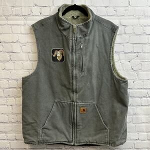 Carhartt Vintage Washed Duck Canvas Sherpa Lined Vest Gray Ram Patch Men's XL